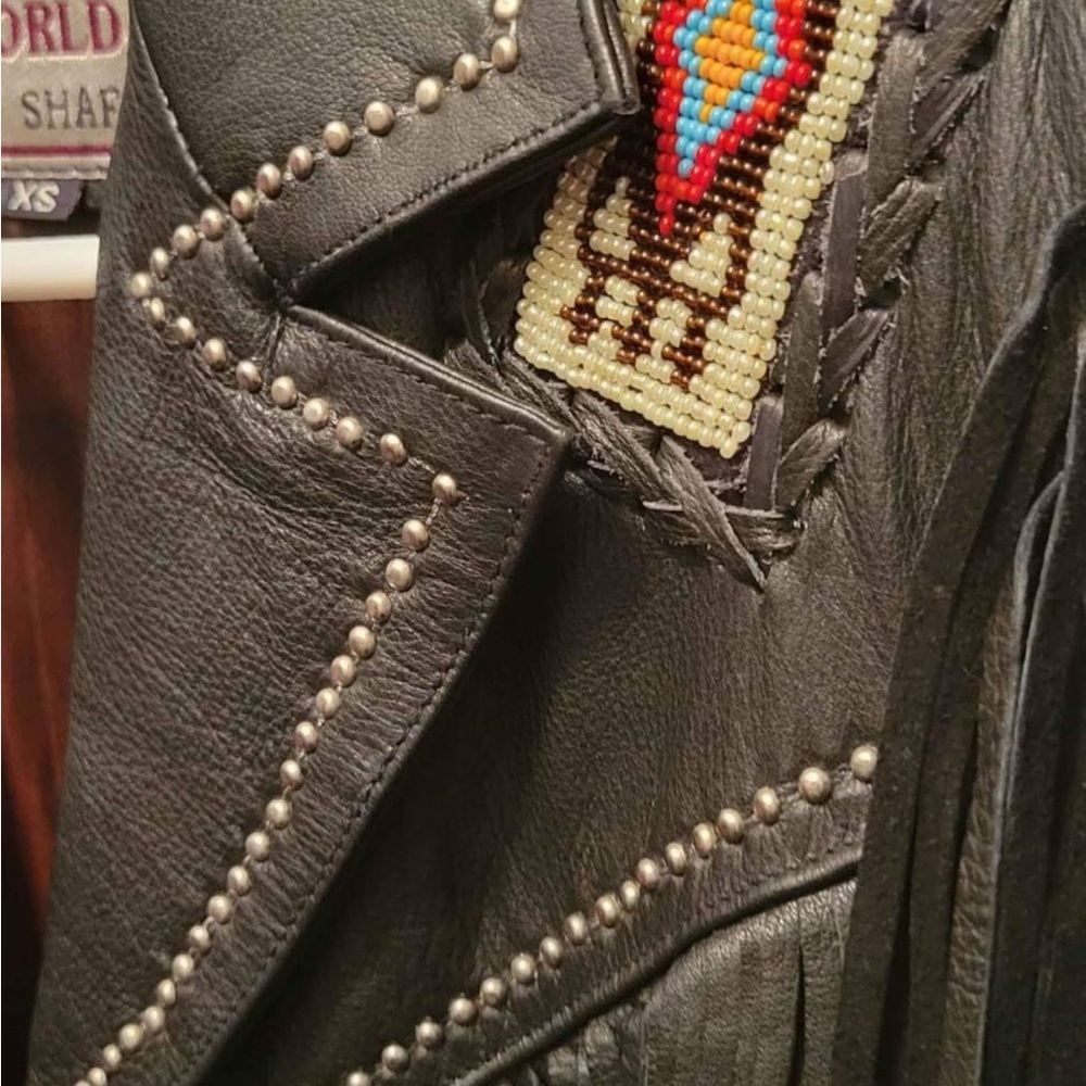 Western World by Shaf Vintage Black Leather Jacket with Fringe Tassels & Beaded - Picture 5 of 10